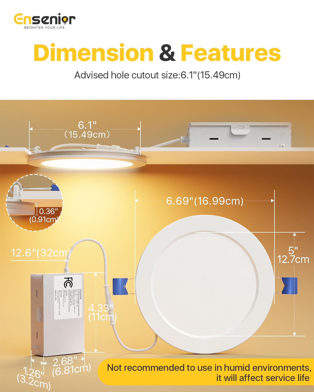 Ensenior damp-location rated downlight suitable for kitchens and bathrooms.