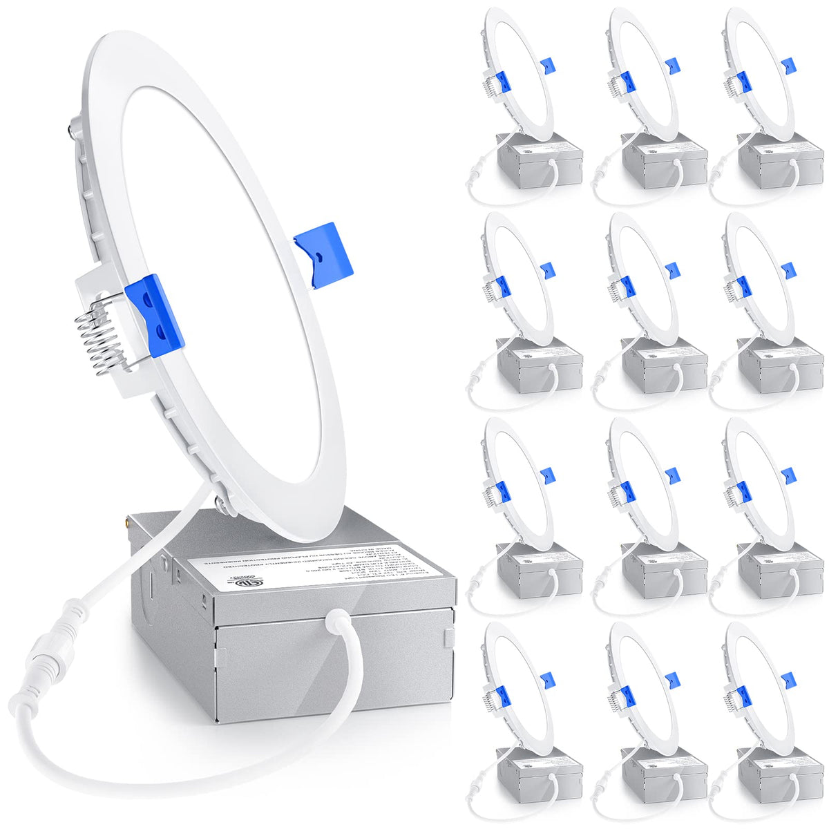 Ensenior ERL-12X packaging for a damp-rated recessed light, ready for quick installation