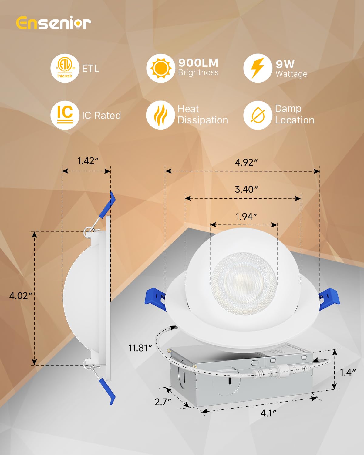 Ensenior gimbal light 4-inch ETL FCC certified for safe, reliable use
