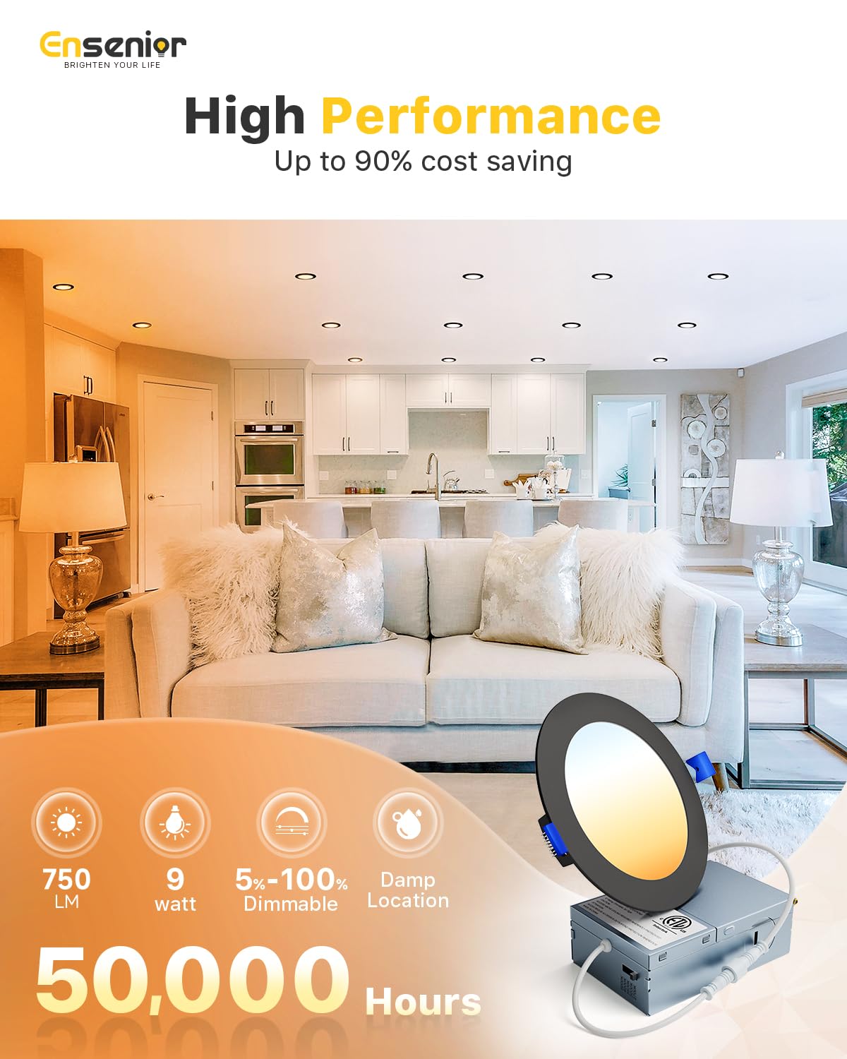 Ensenior IC-rated 4-inch recessed light with ETL listing for safe installation.