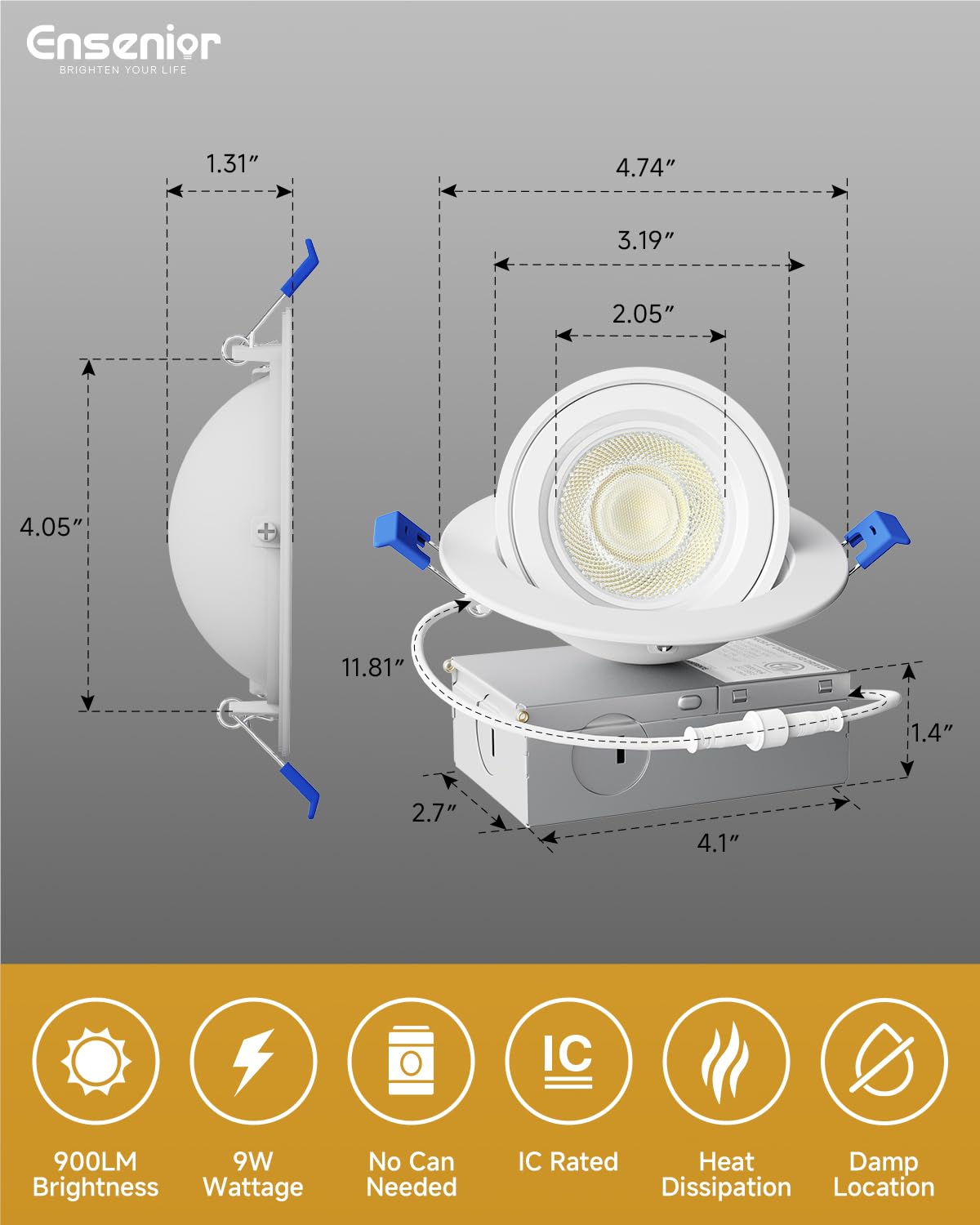 Ensenior 900 lumen output from 9W for energy-efficient recessed lighting