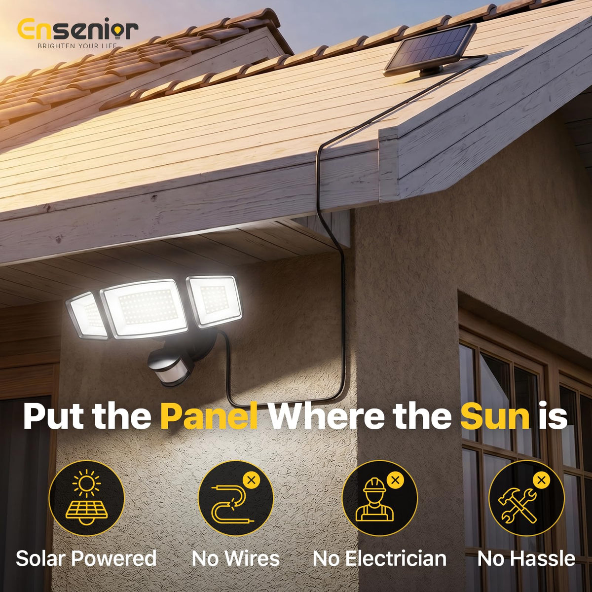 Ensenior motion-sensor 75ft detects activity for added security.