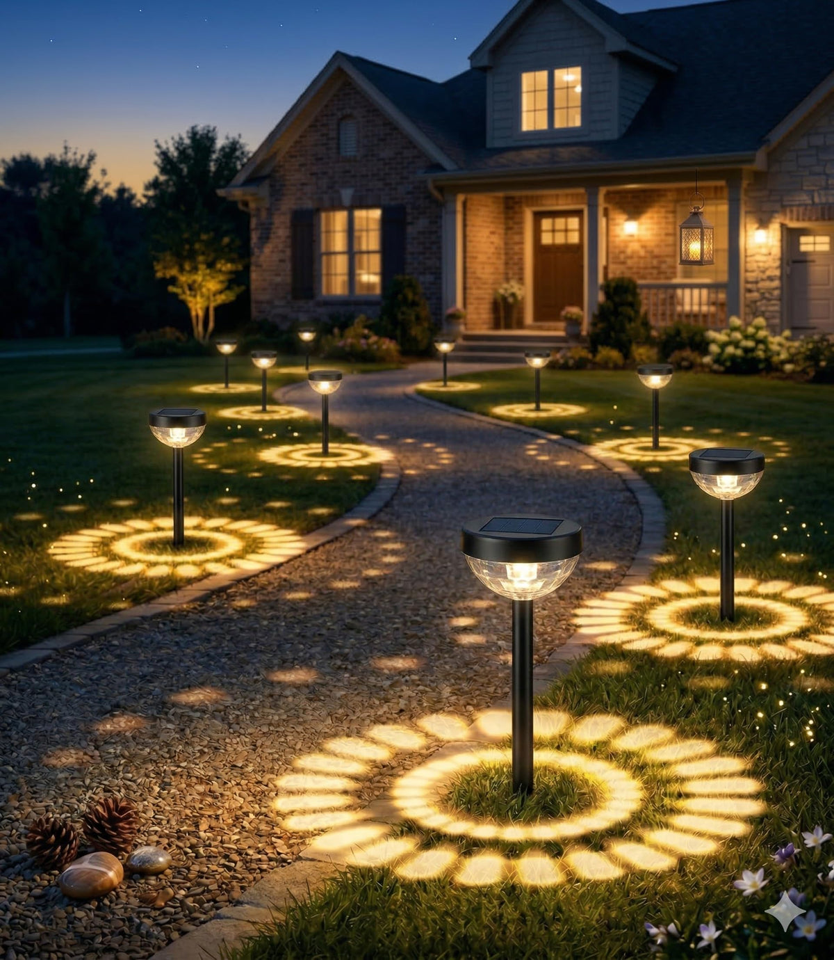 Ensenior solar pathway lights 8-pack illuminate walkways with a warm glow for safe nighttime navigation.