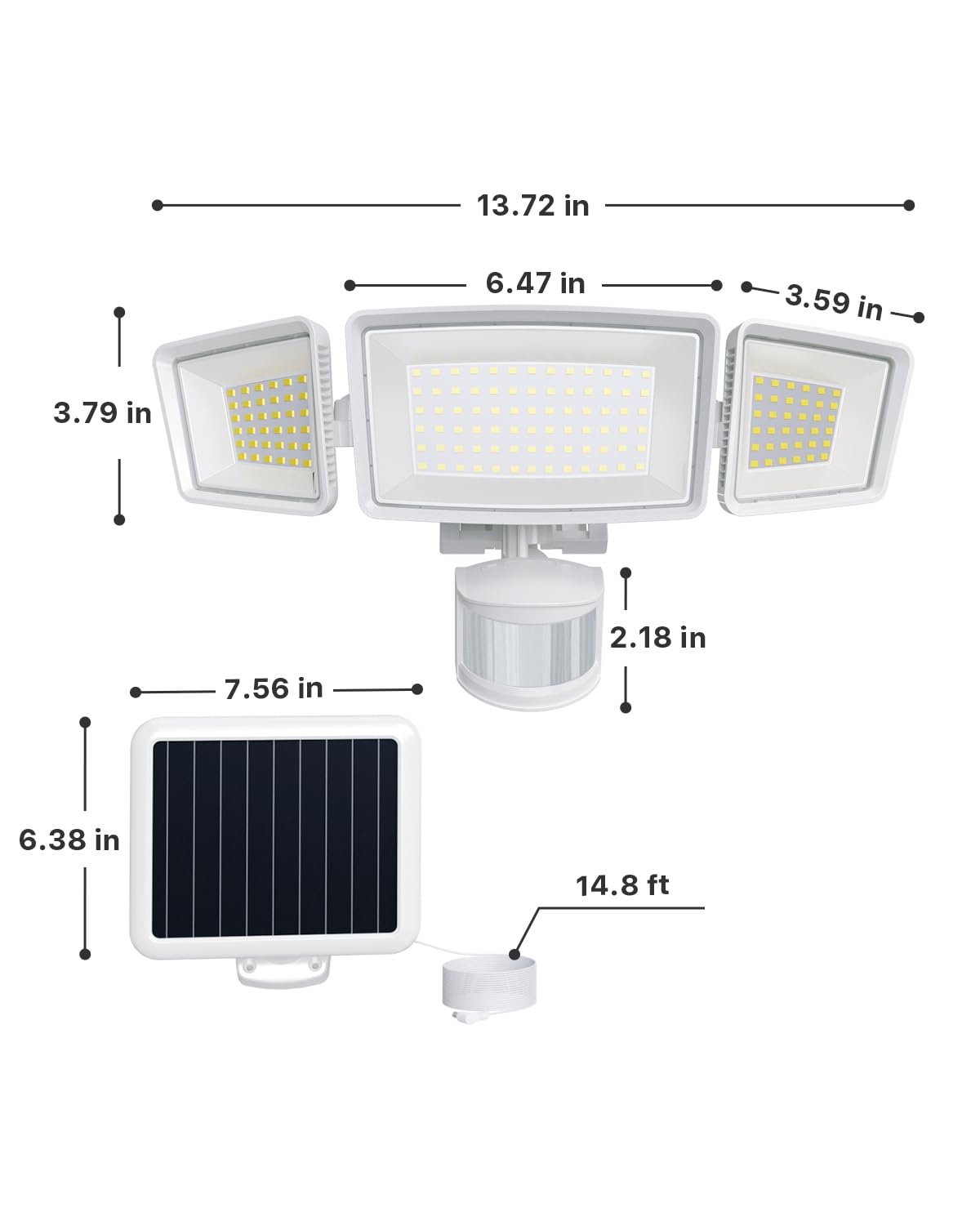 Ensenior three-head design provides flexible coverage and brighter yard illumination.