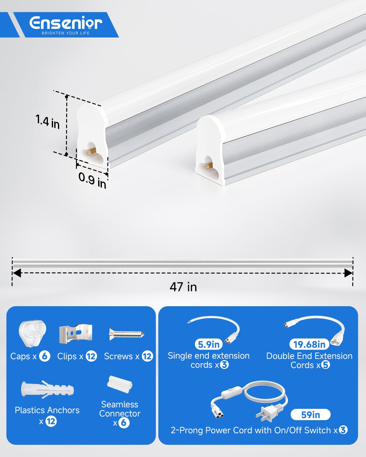 Ensenior T5 LED shop light plug play install highlights easy setup without wiring.