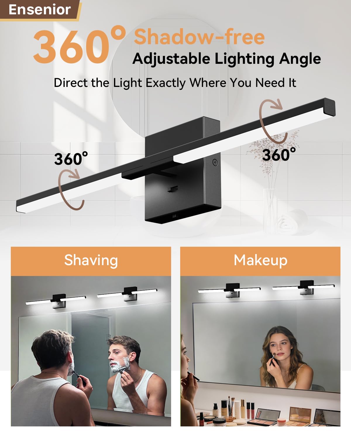 Ensenior vanity light with 5CCT options to tailor task lighting in a bathroom.
