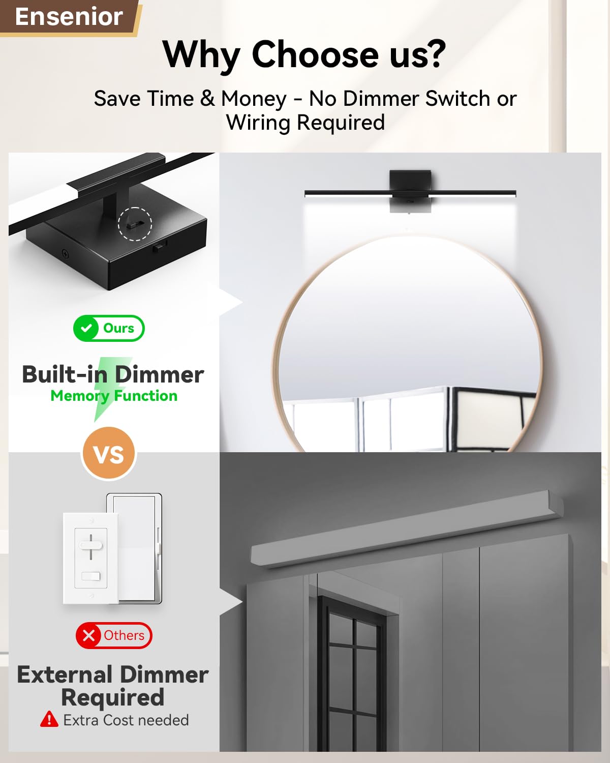 Bedroom vanity setup featuring Ensenior light for a modern, cohesive look.