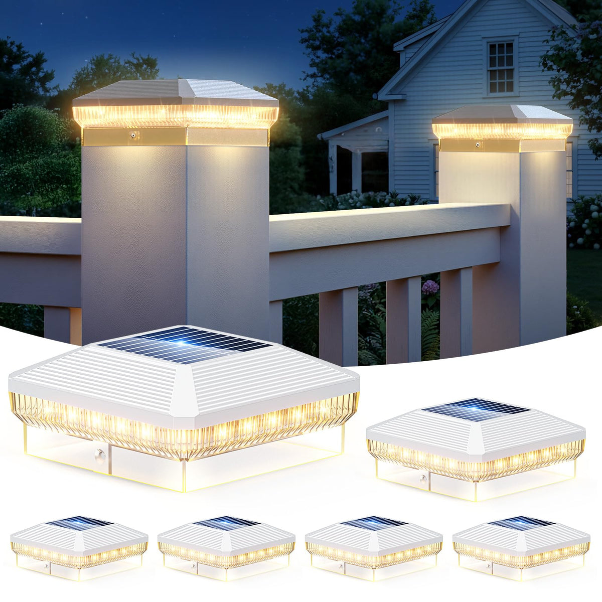ENSLI 6-pack solar post cap lights illuminating a 4x4 post for outdoor ambiance