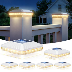 ENSLI 6-pack solar post cap lights illuminating a 4x4 post for outdoor ambiance