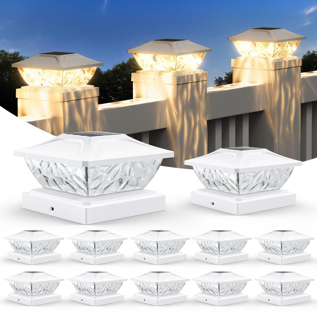 ENSLI solar post cap light on a 4x4 base lighting garden path softly at night