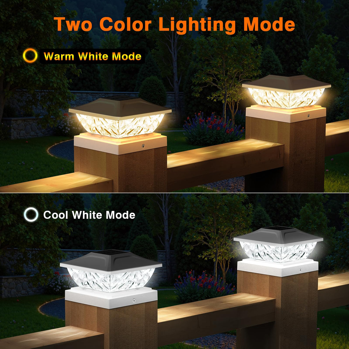 ENSLI solar post cap light with cool mode providing crisp yard illumination after sunset.