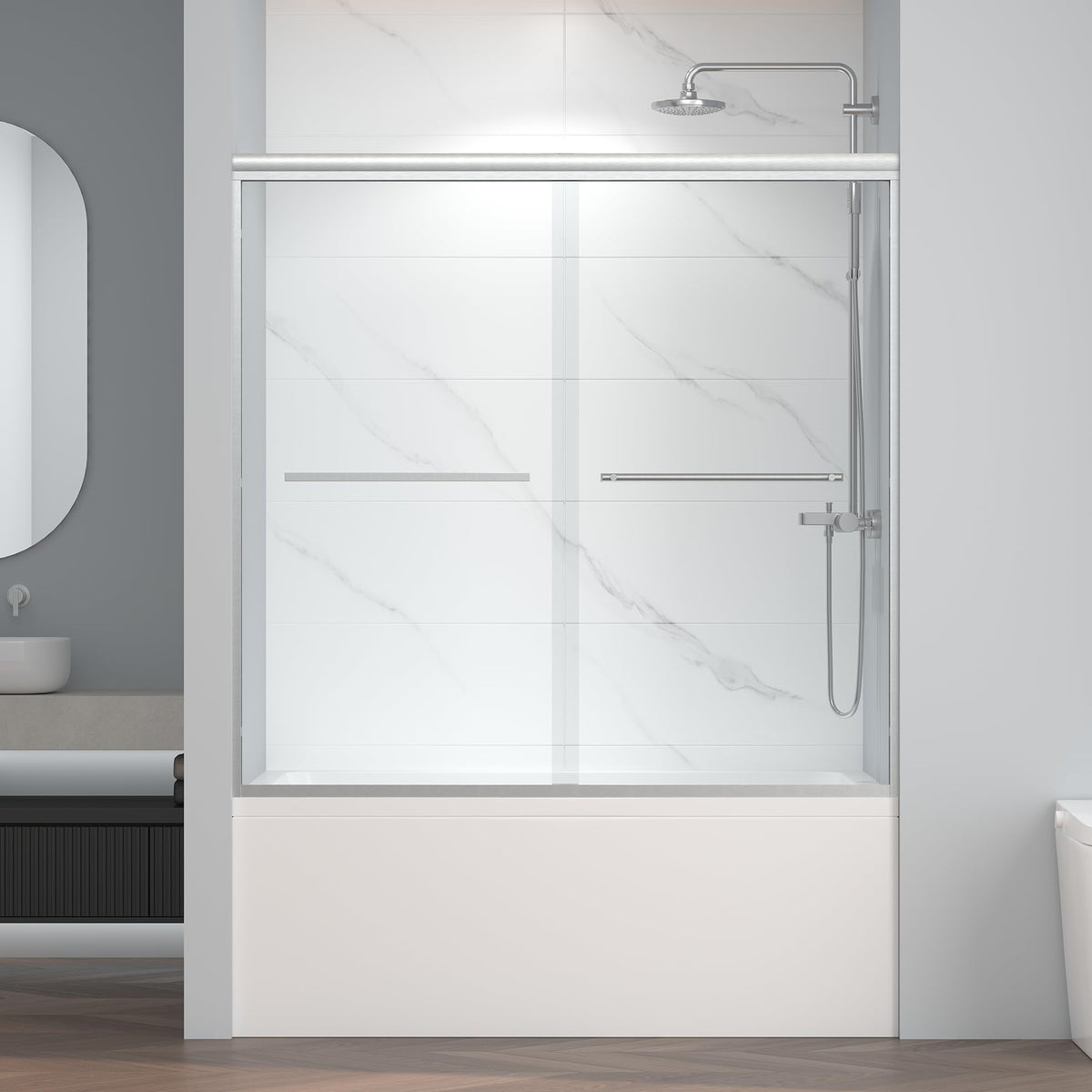 ENSO SENKA 60in semi-frameless bypass door full view shows space-saving design