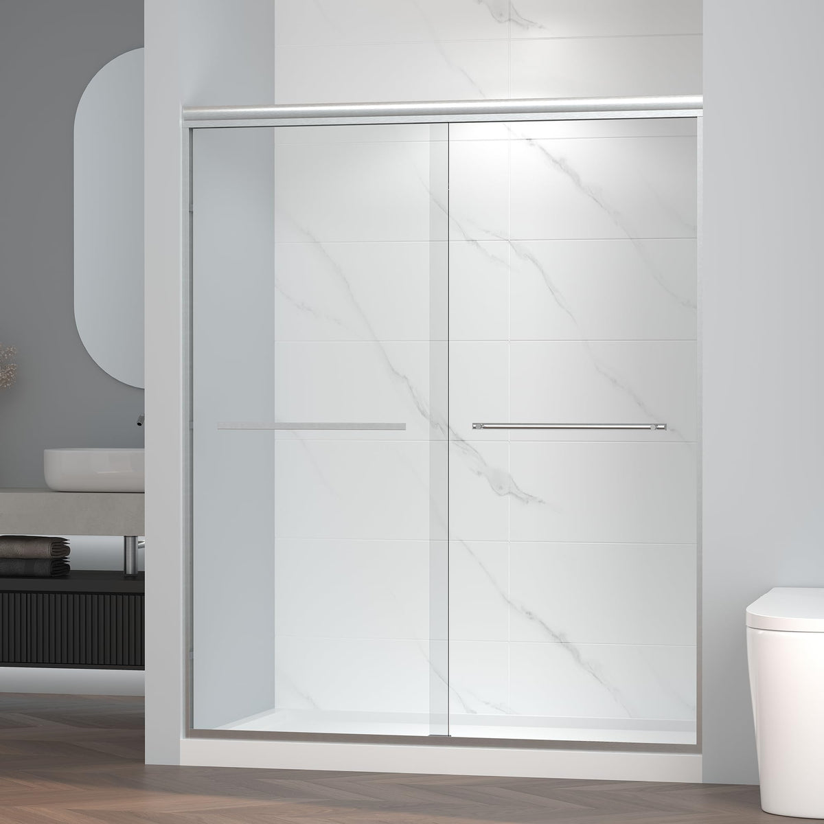 Enso Senka brushed-nickel hardware close-up shows durable, corrosion-resistant finish.