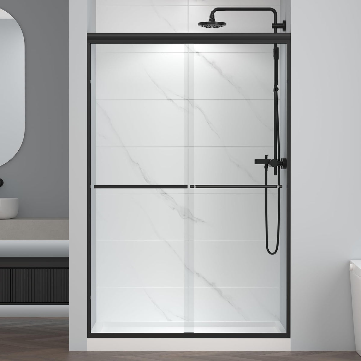 ENSO SENKA bypass door front view with matte black frame enhances compact bathrooms.