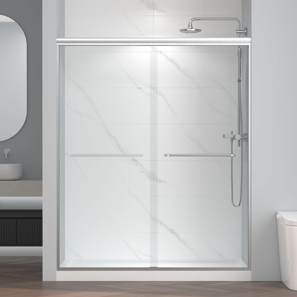 Enso Senka bypass door front view highlights space-saving design with brushed nickel hardware.
