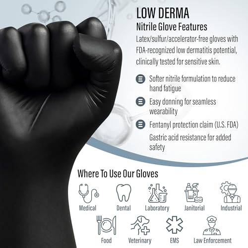 Ensure Black Nitrile Gloves 7 mil thickness spotlights heavy-duty puncture resistance.