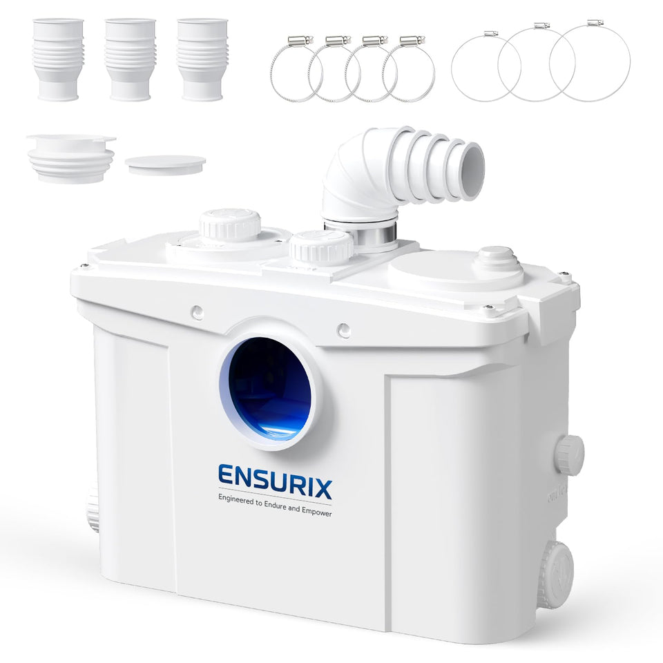 Ensurix macerator pump front view showing compact design for heavy-duty drainage