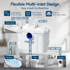 Ensurix macerator pump with multiple inlets for toilet, sink, and shower connections