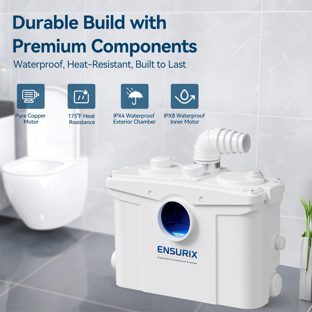 Ensurix macerator pump self-cleaning chamber reduces buildup and odors