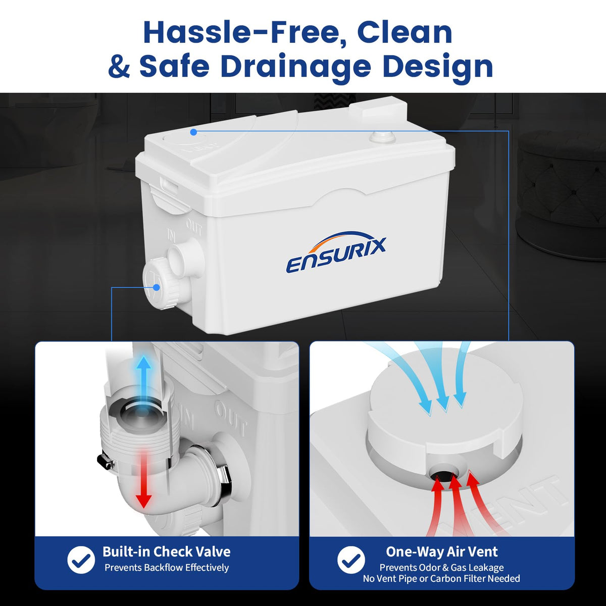 Ensurix utility sink pump backflow-valve, ensures leak-proof operation