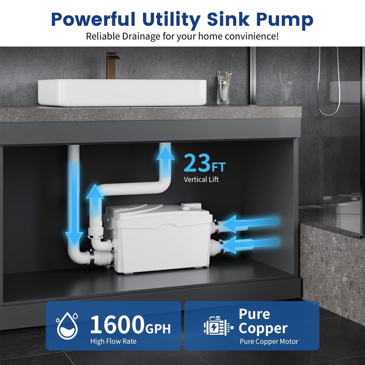 Ensurix utility sink pump under-sink install, automatic gray-water disposal ready