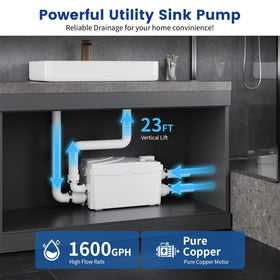 Ensurix utility sink pump under-sink install, automatic gray-water disposal ready