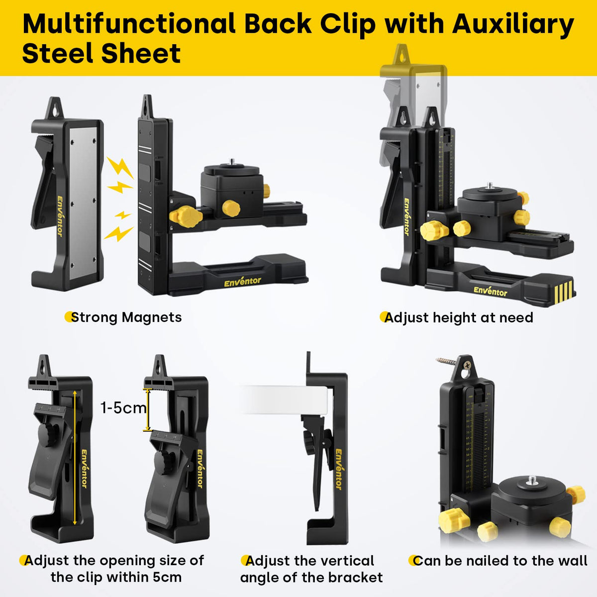 The bracket shows 360-degree rotation for versatile laser alignment and quick reorientation.