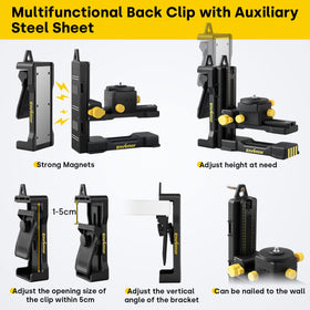 The bracket shows 360-degree rotation for versatile laser alignment and quick reorientation.