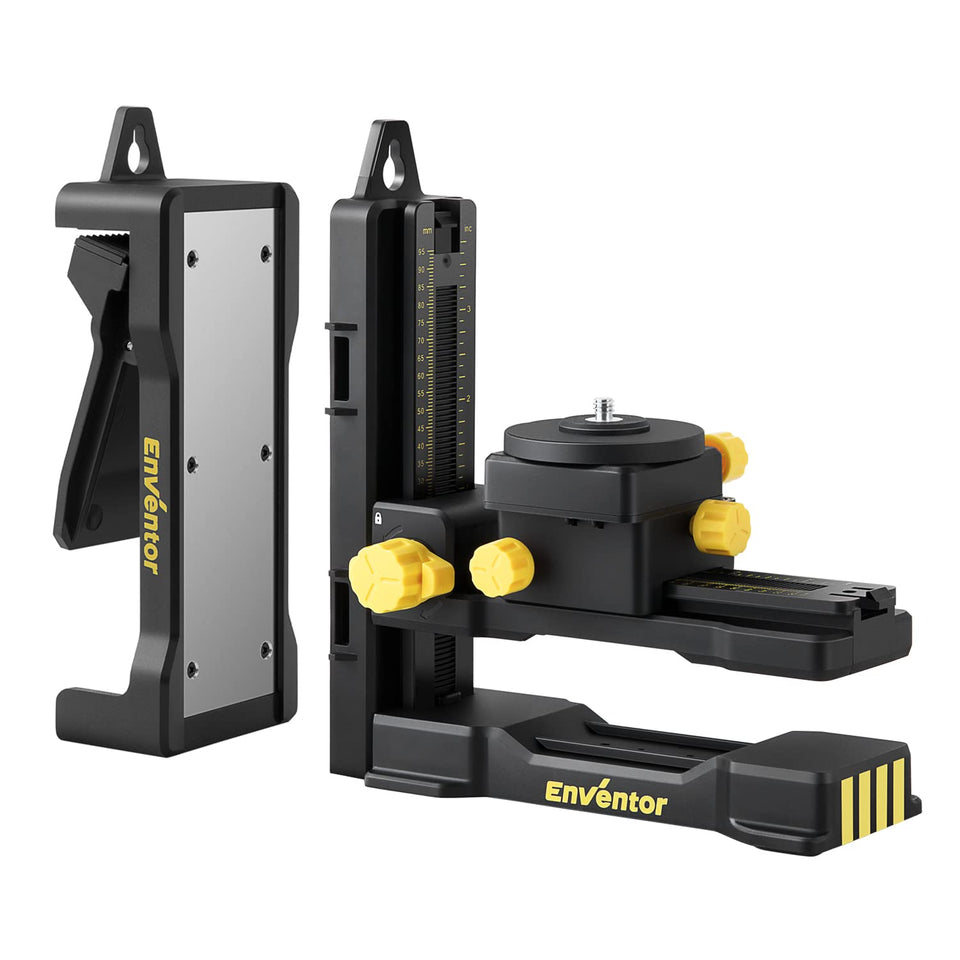 Enventor magnetic base bracket securing the laser level on a metal surface for stability.