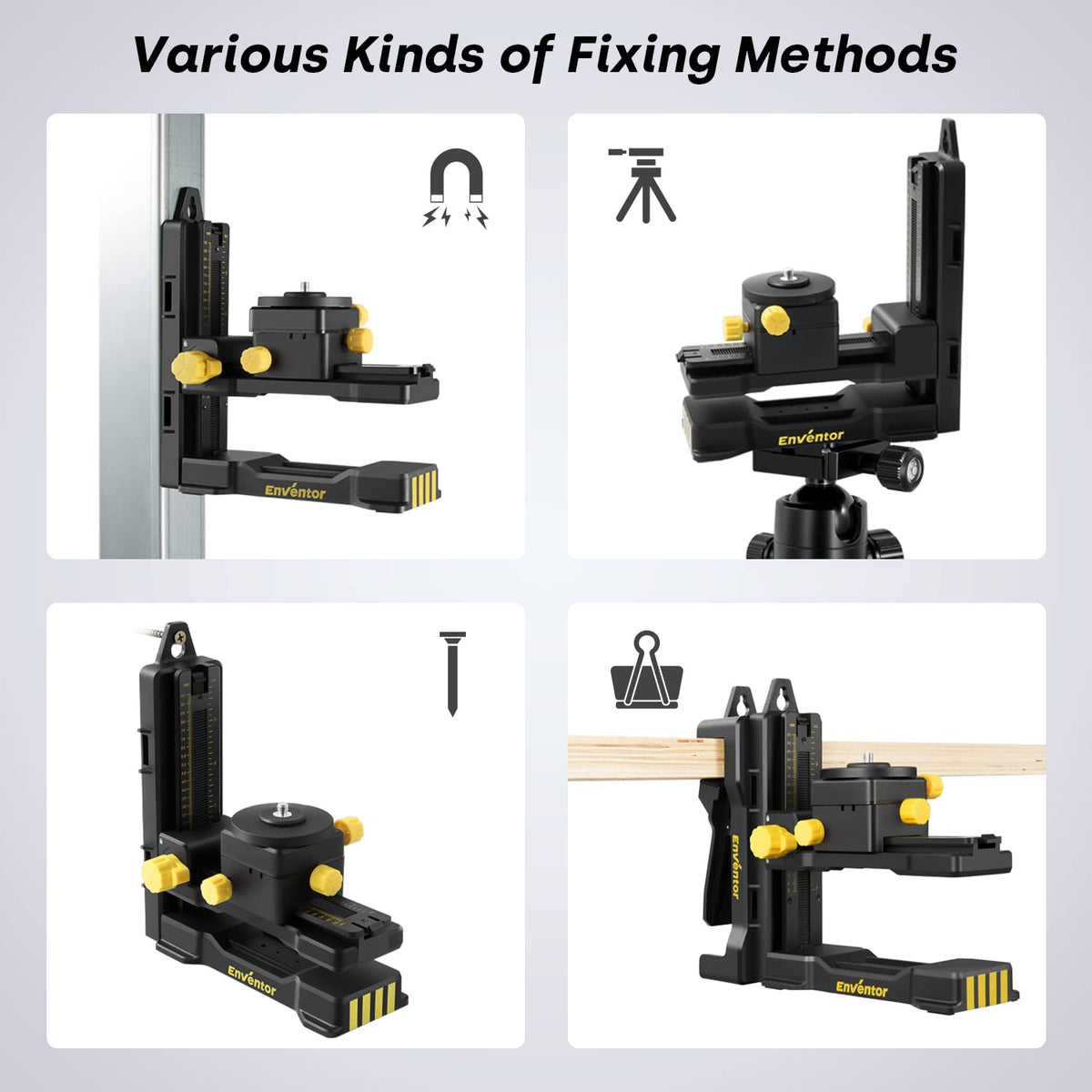 One-fourth-twenty male thread adapter compatible with most laser levels alongside the Enventor base.