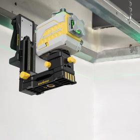 Magnet-enabled base attaching securely to metal surfaces during ceiling or wall setups.