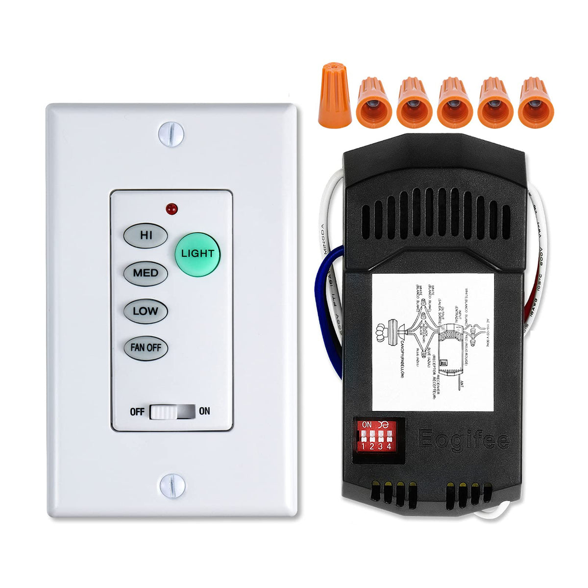 Eogifee UC9050T remote kit with five button control and dimmable light.
