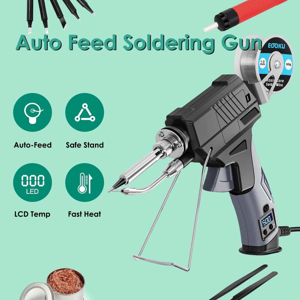 EOOKU soldering gun auto-feed in action for smoother one-handed soldering.