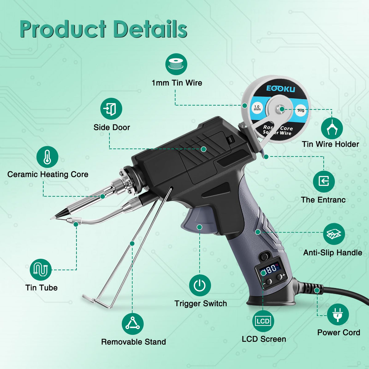 EOOKU 5 interchangeable tips included for various soldering tasks.