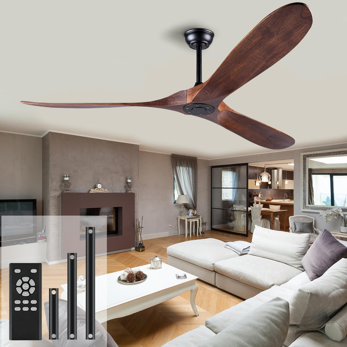 EOPETY 52-inch no-light ceiling fan with walnut wood blades and remote for easy cooling