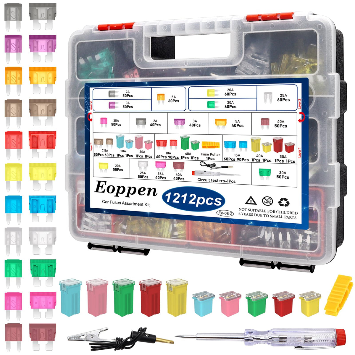 Eoppen 1212Pcs car fuses kit with puller for fast roadside replacements.