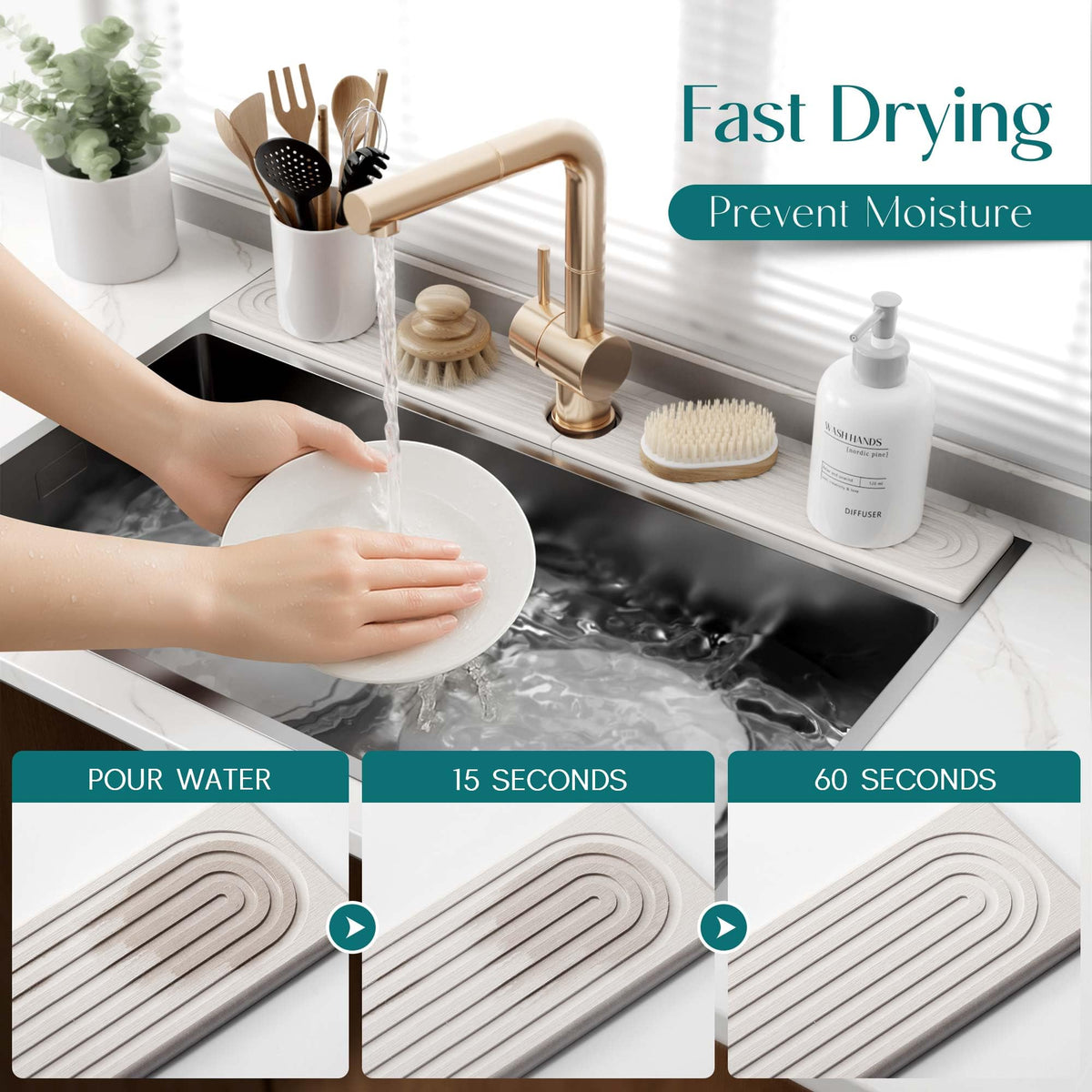 eormoe 30-inch faucet mat drying action highlights self-drying moisture removal
