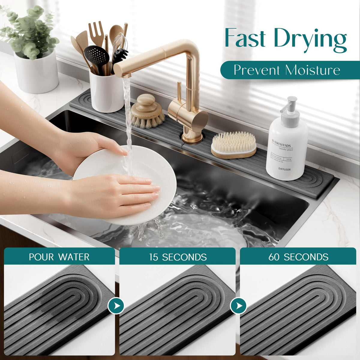 eormoe dark-grey stone drying tray blends with modern kitchens and keeps counters dry