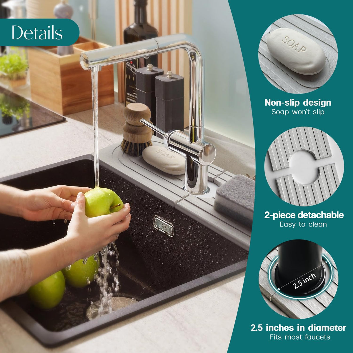 eormoe faucet mat packaging sits beside the product for display