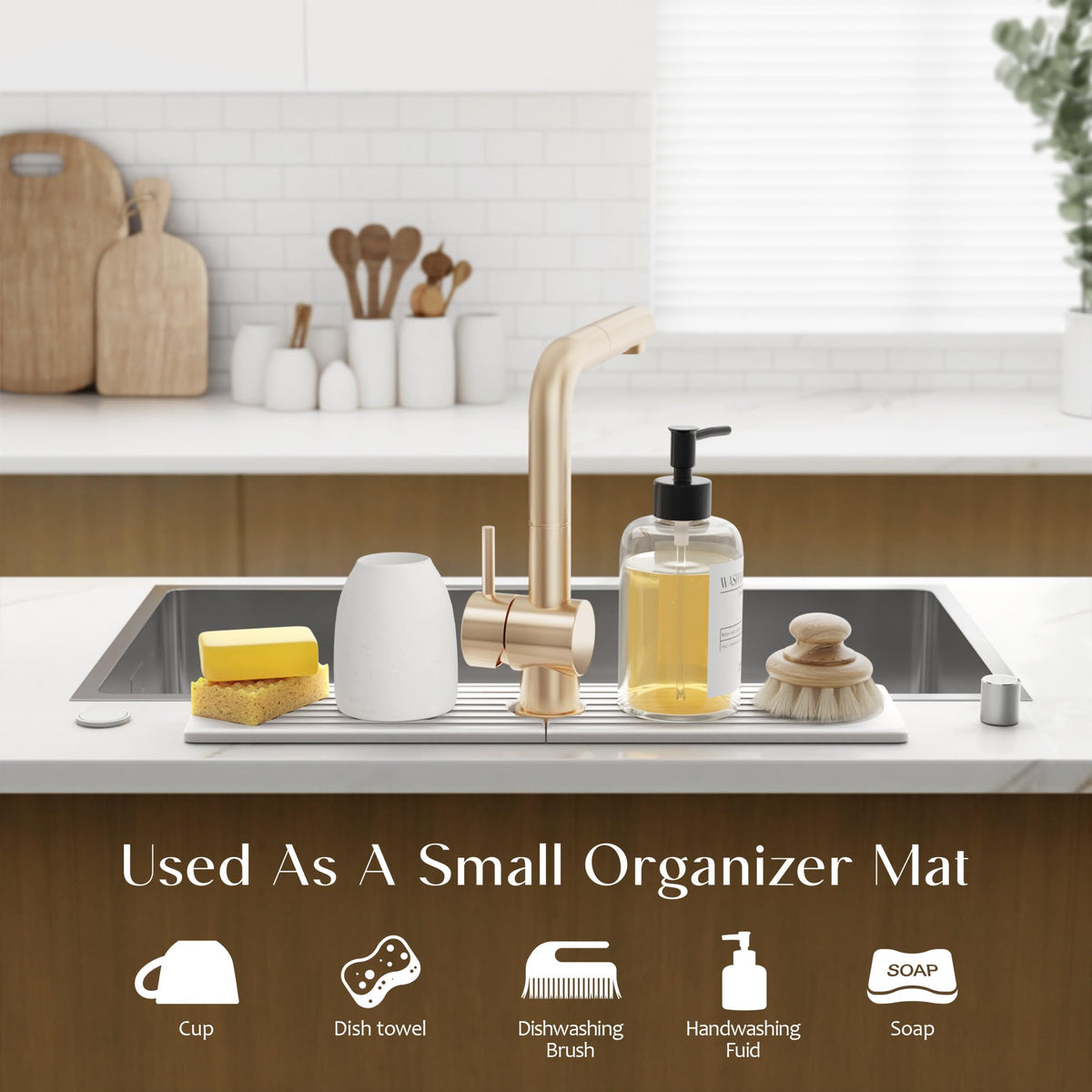 Eormoe modern design kitchen mat enhances counter aesthetics.