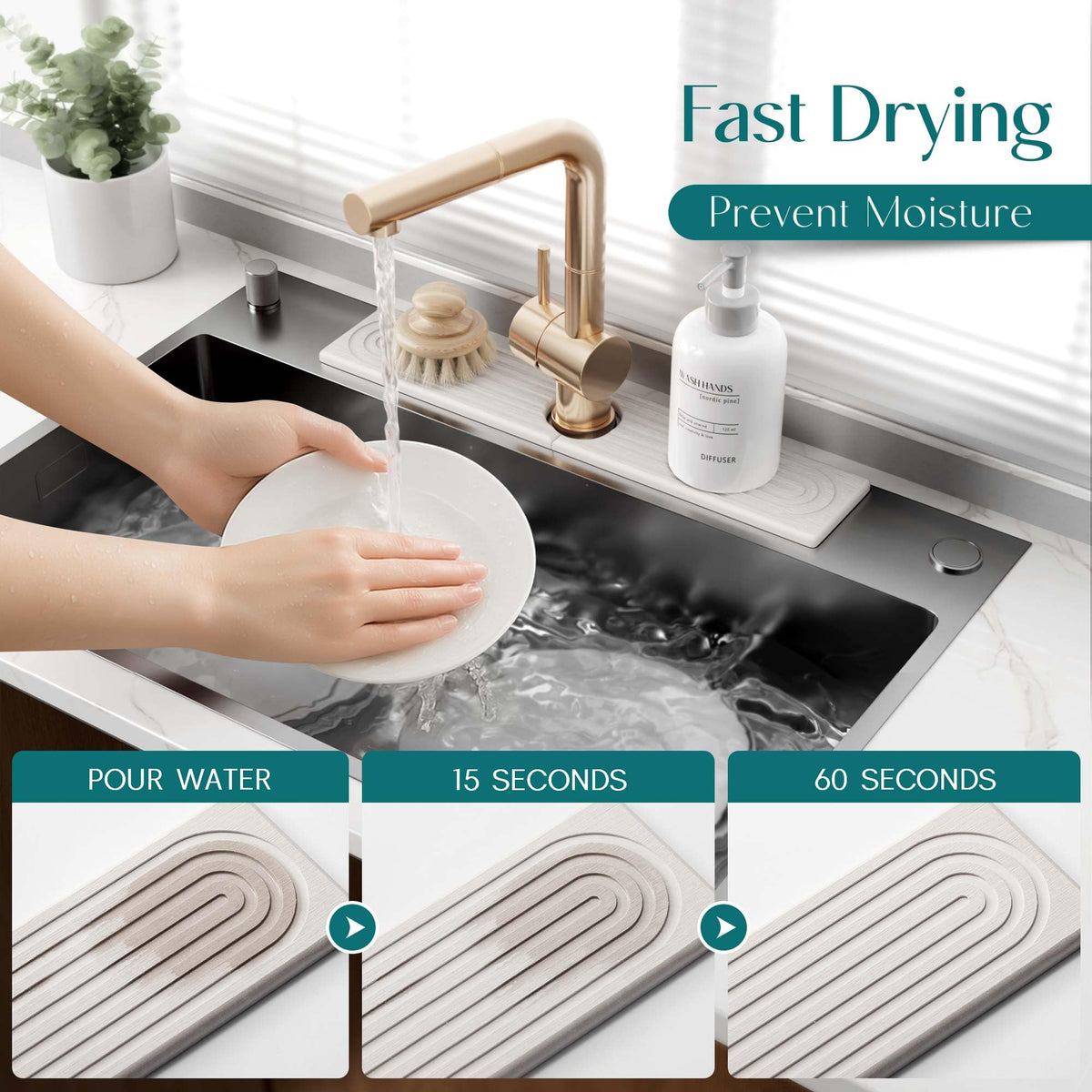 Eormoe stone faucet mat protecting kitchen counters from moisture.
