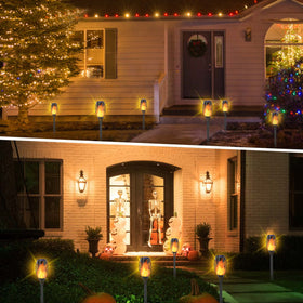 EOYIZW 12 LEDs illuminate patios with realistic torch glow after sunset.