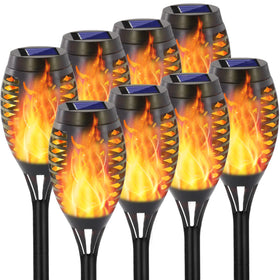 EOYIZW 8-pack solar torch lights with dancing flame for garden ambiance.
