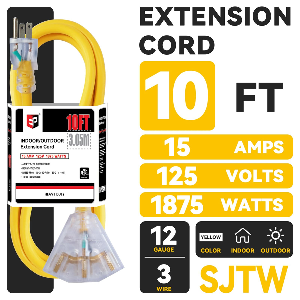EP 10 ft extension cord with three outlets for versatile tool setups.