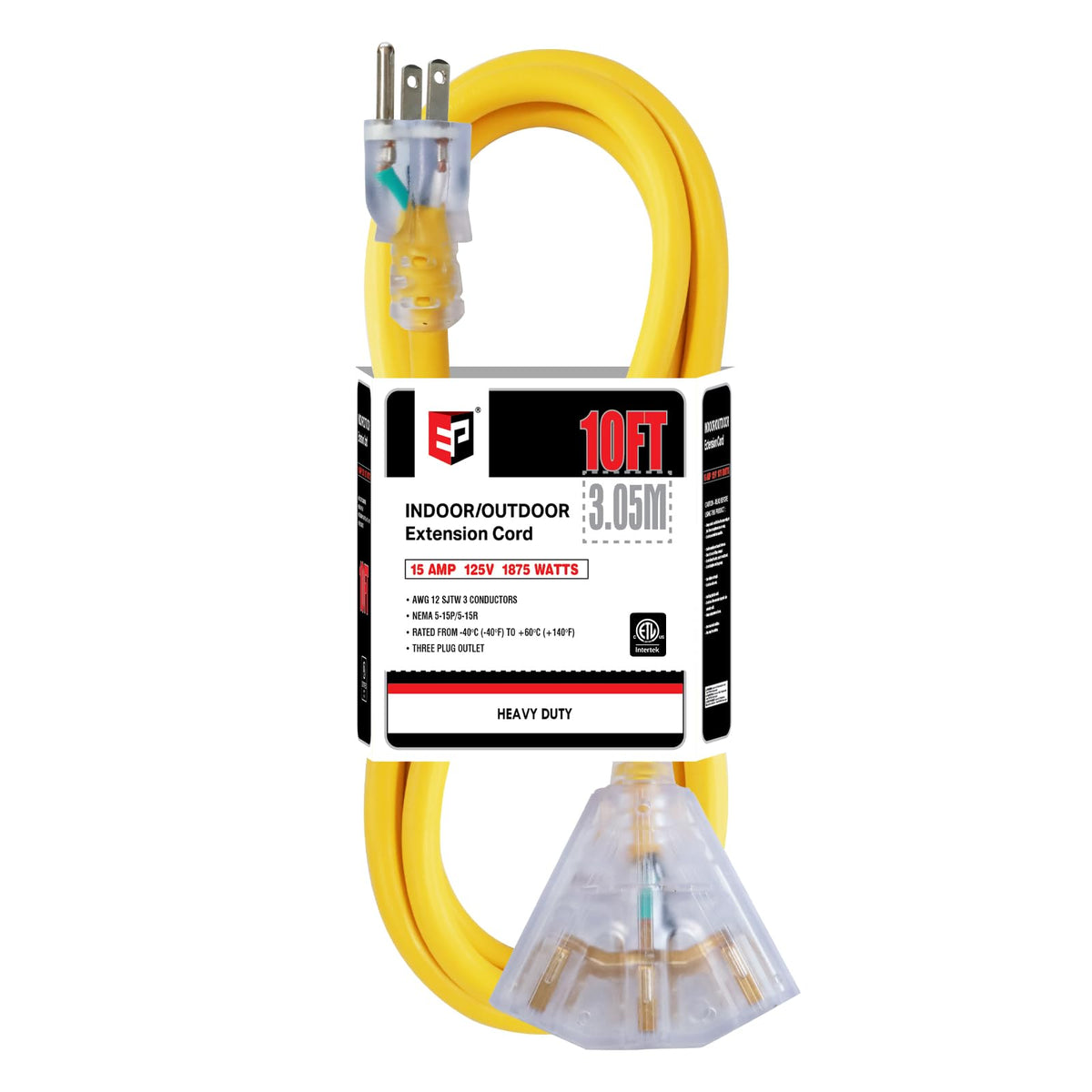 EP 10 ft extension cord with lighted end for safer nighttime power.