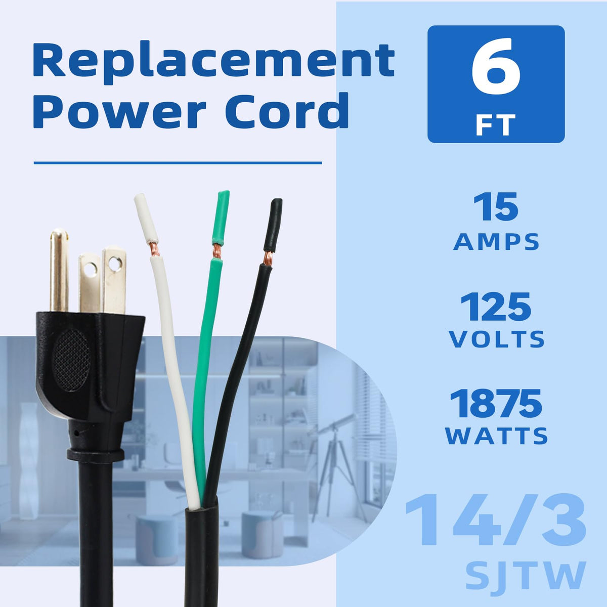 EP 14-3 SJTW cord 6 ft NEMA 5-15P close-up showing reliable plug