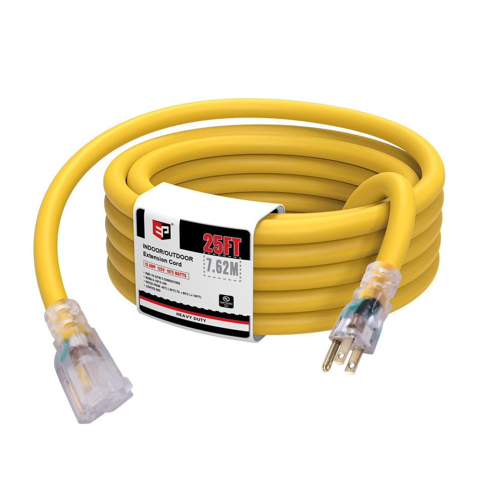 EP 25 ft lighted outdoor extension cord with LED end for easy nighttime visibility.