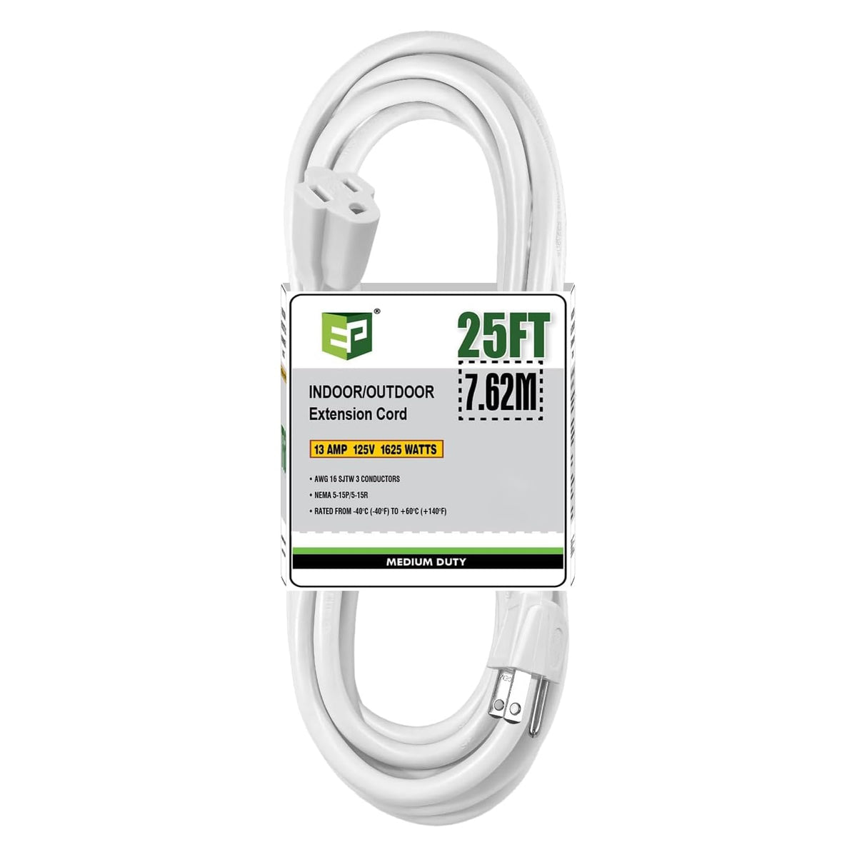 EP 25 ft outdoor extension cord coiled white for versatile outdoor power needs.