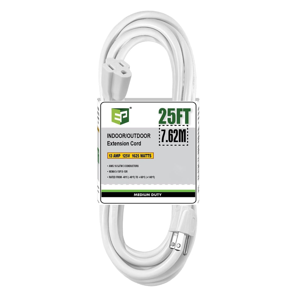 EP 25 ft outdoor extension cord coiled white for versatile outdoor power needs.