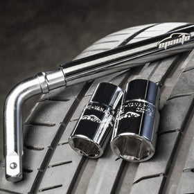 EPAuto lug wrench in use on a wheel to tighten lug nuts quickly.
